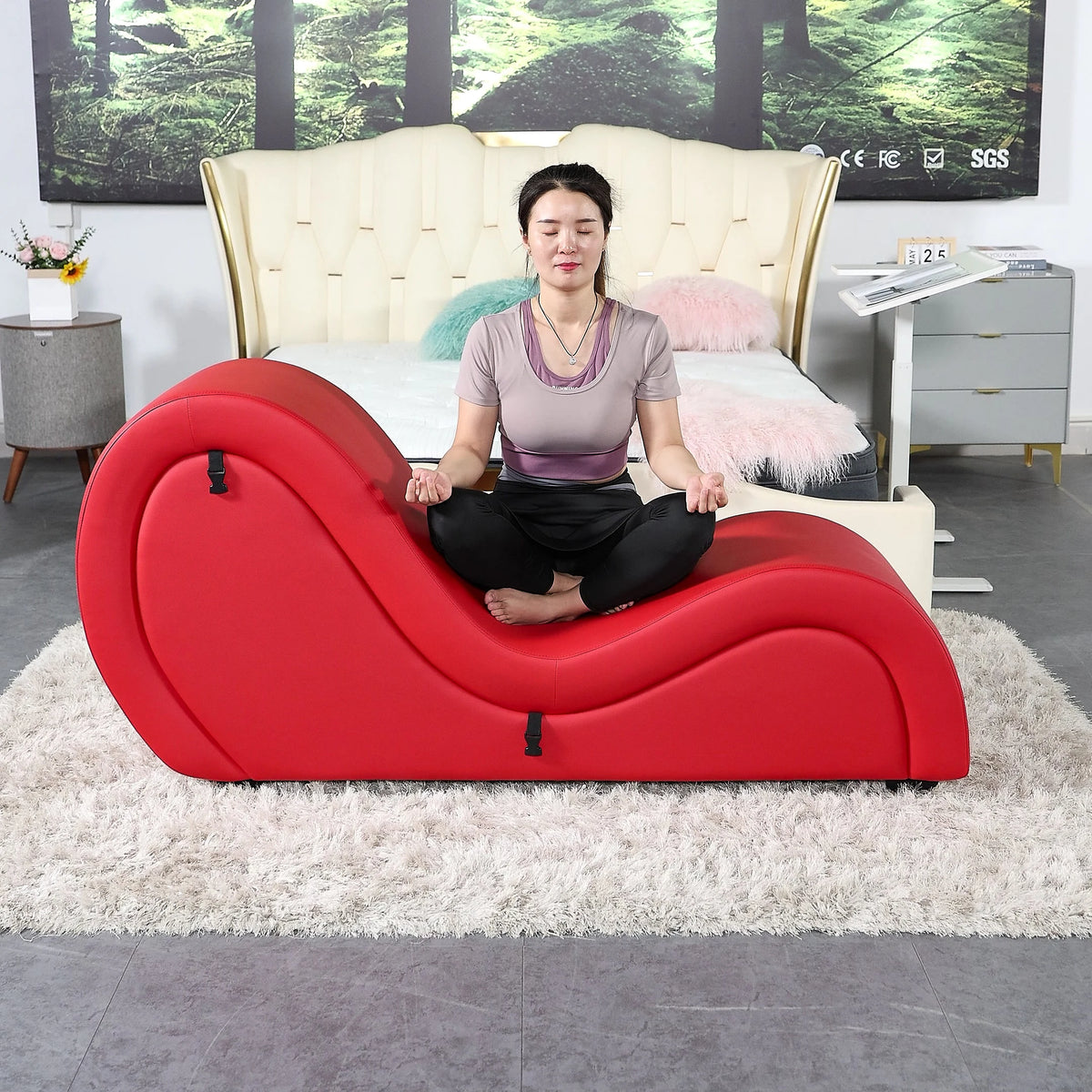 165cm Faux Echo Leather Yoga Chaise Lounge Ergonomic Design Meditation Chair Soft Solid Wood for Wedding Relaxing Reading Books by PurelyhomeDeco
