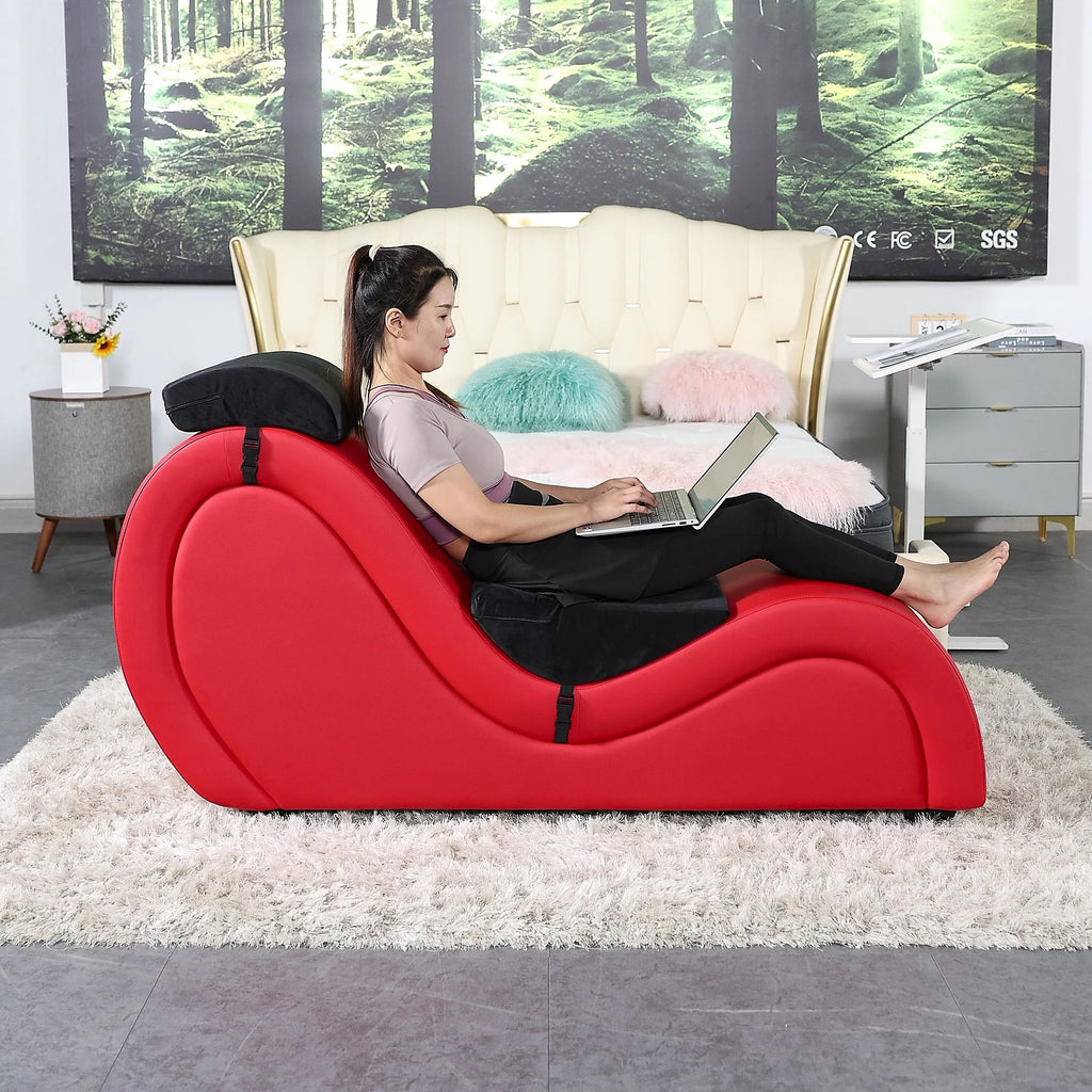 165cm Faux Echo Leather Yoga Chaise Lounge Ergonomic Design Meditation Chair Soft Solid Wood for Wedding Relaxing Reading Books by PurelyhomeDeco