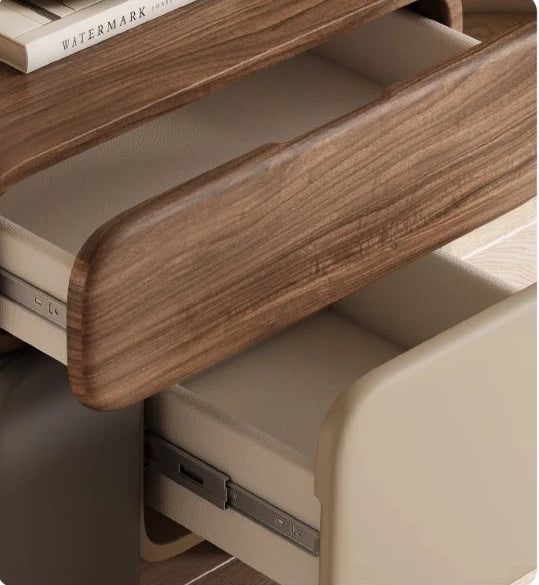Wooden furniture with a drawer open, showing a clear view of the interior.