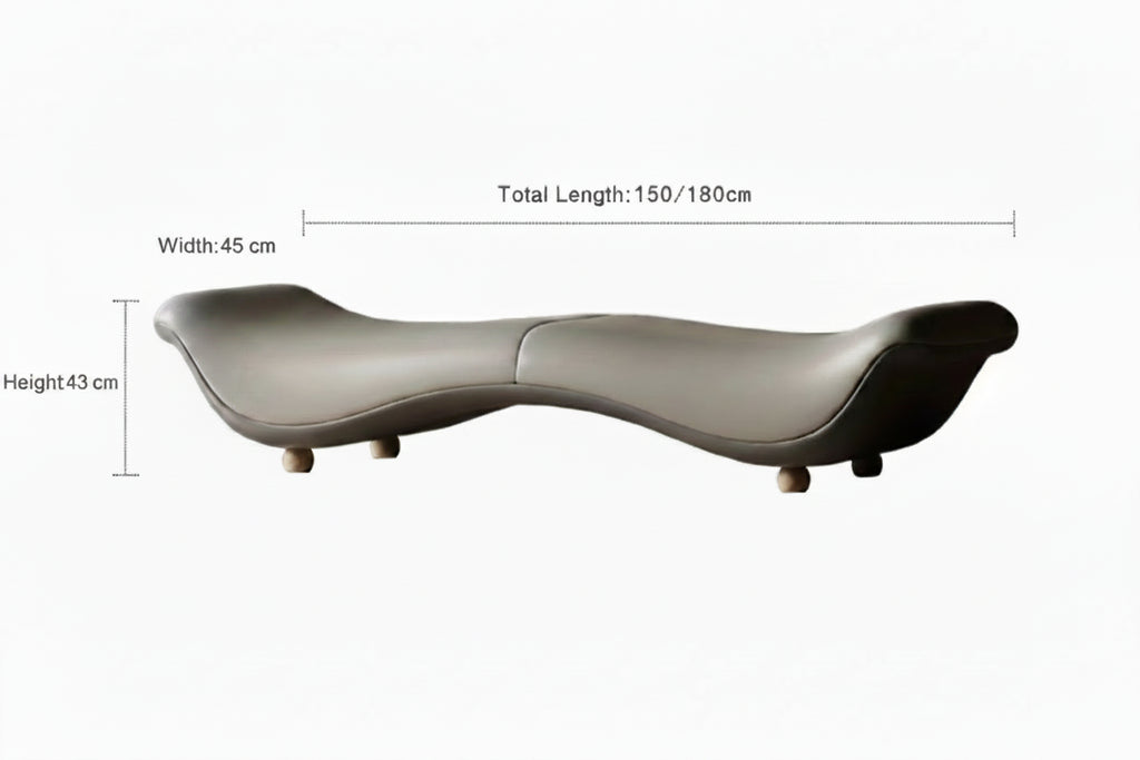 Measurement chart of a curved piece of furniture with dimensions in centimeters.