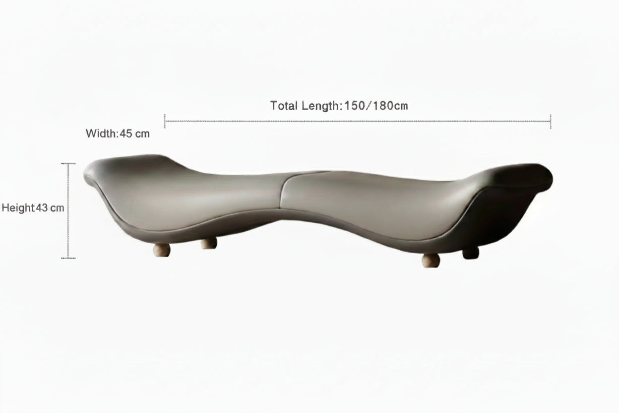 Measurement chart of a curved piece of furniture with dimensions in centimeters.