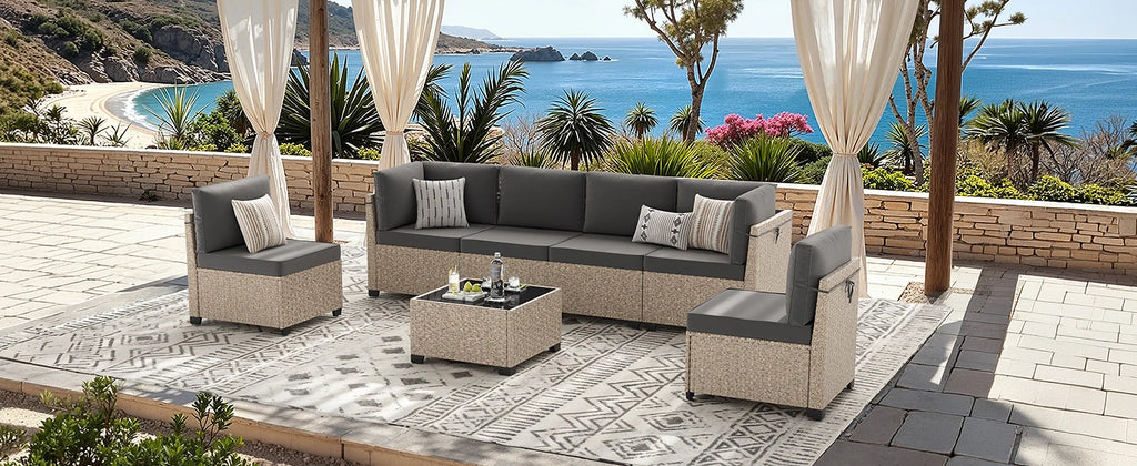 7-Piece Patio Furniture Set, Outdoor Rattan Sectional Sofa with Tempered Glass Table, All-Weather, for Garden, Porch, Backyard by PurelyhomeDeco
