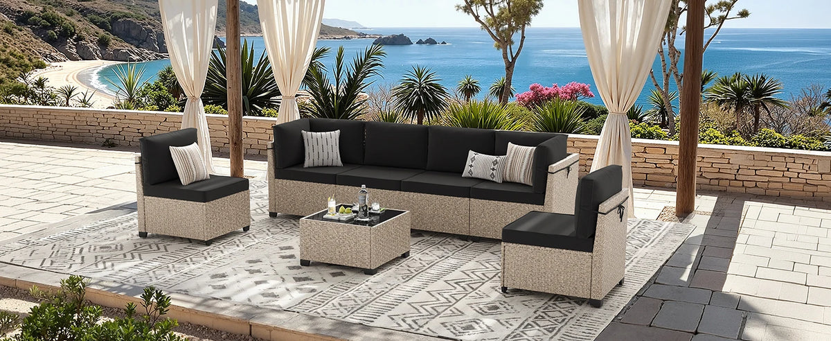 7-Piece Patio Furniture Set, Outdoor Rattan Sectional Sofa with Tempered Glass Table, All-Weather, for Garden, Porch, Backyard by PurelyhomeDeco