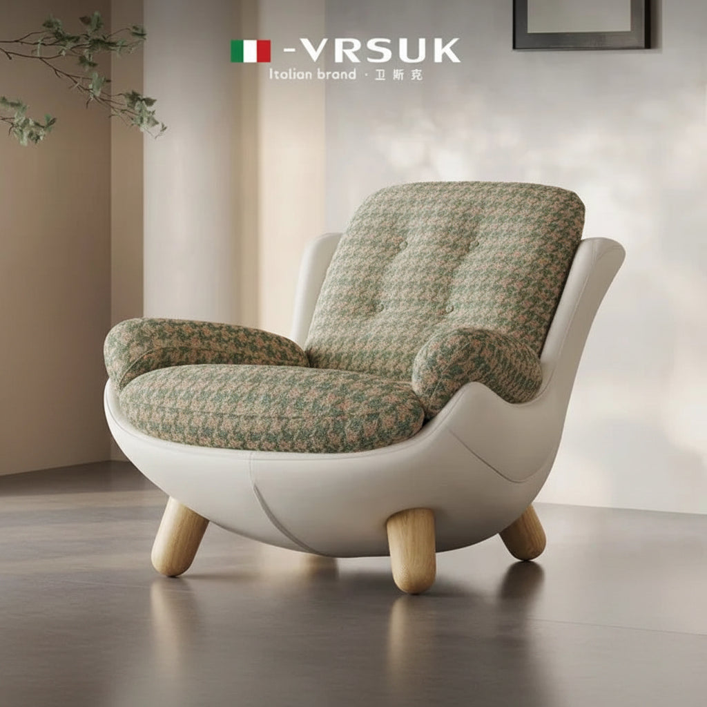 Patterned armchair in a room with YRSUK branding and promotional text.