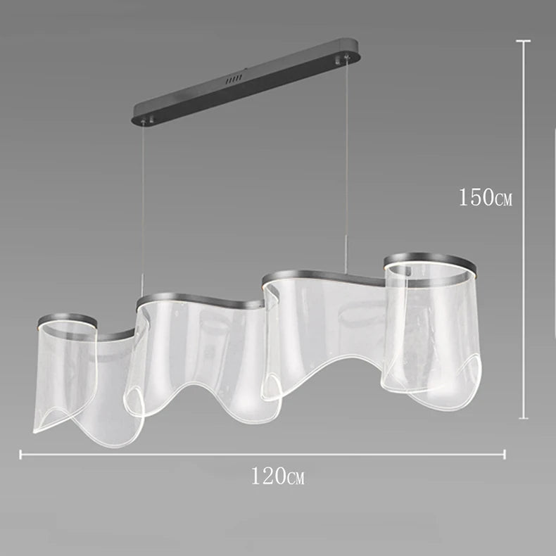Modern pendant light with wavy glass design and dimensions on a gray background