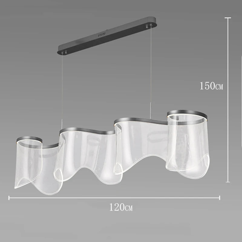 Modern pendant light with wavy glass design and dimensions on a gray background