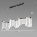 Modern pendant light with wavy glass design and dimensions on a gray background