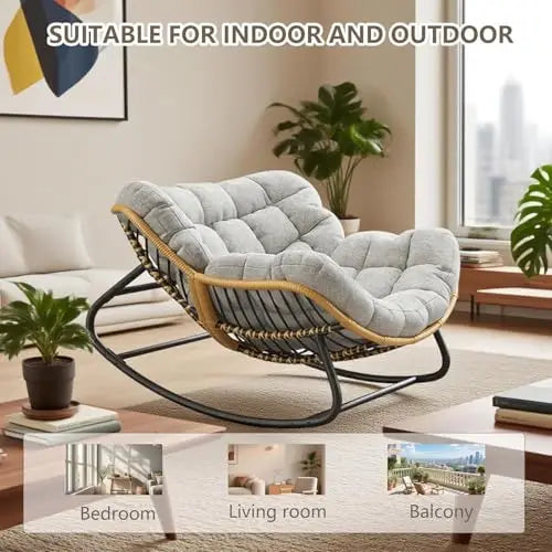 Papasan Rocking Chair with Comfy Thick Cushion, Oversized Outdoor Rocking Chair with Steel Frame, Wicker Rattan Lounge by PurelyhomeDeco