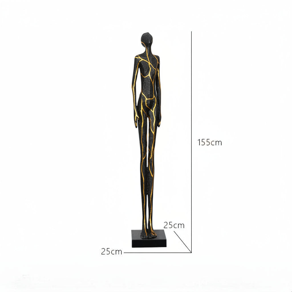 Black abstract sculpture with dimensions on a white background