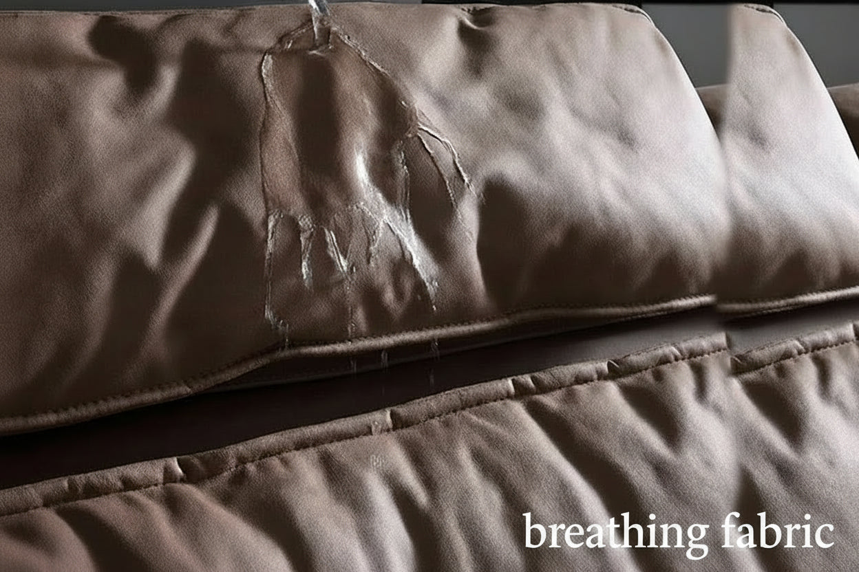 Brown fabric with 'Breathing fabric' text on a dark background