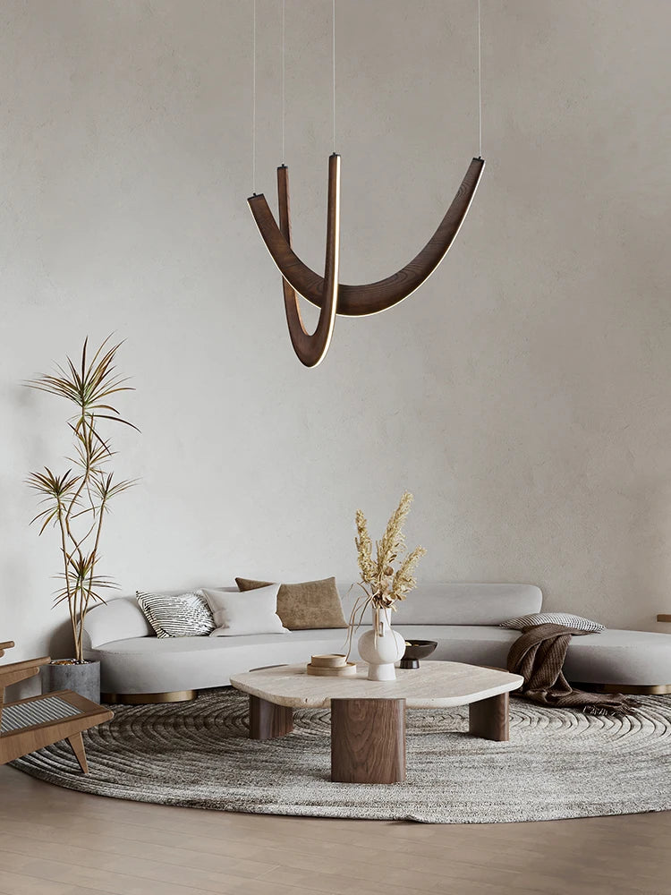 Modern living room with a hanging light fixture, sofa, coffee table, and decorative plants.