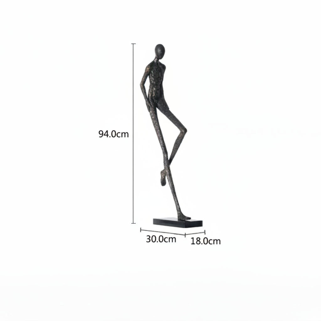 Bronze sculpture of a dancer with dimensions on a white background, 