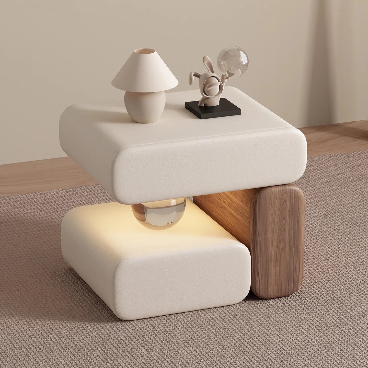 Modern side table with a lamp and decorative items on a wooden floor.