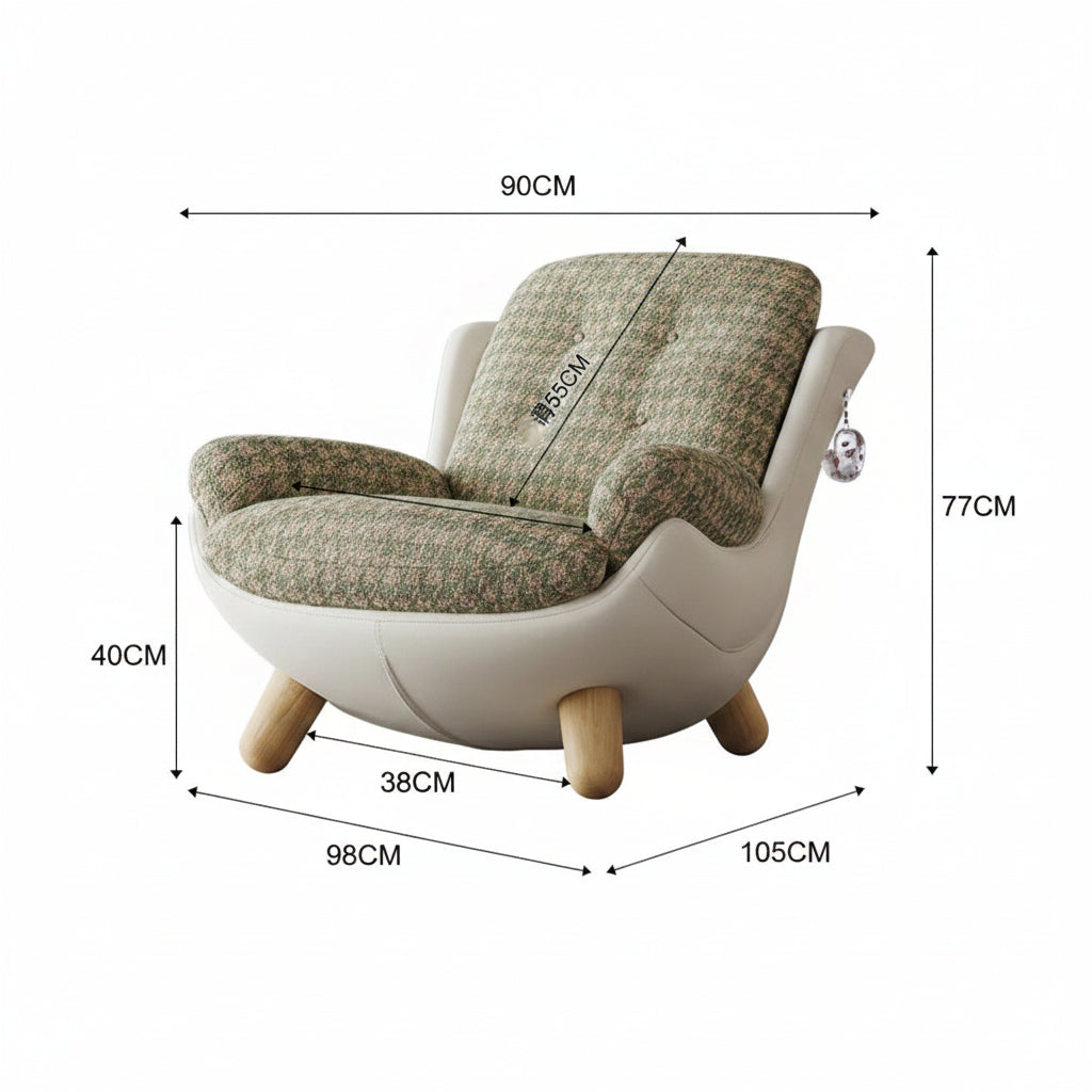 Furniture advertisement with dimensions and promotional text on a white background