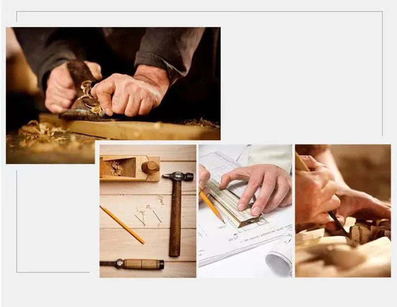 Collage of images showing hands working with tools and wood, including a hammer, pencil, and ruler.