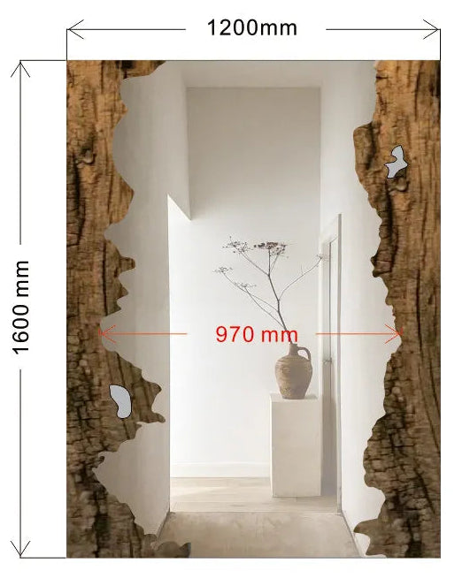 Wooden frame mirror with dimensions and specifications on a white background