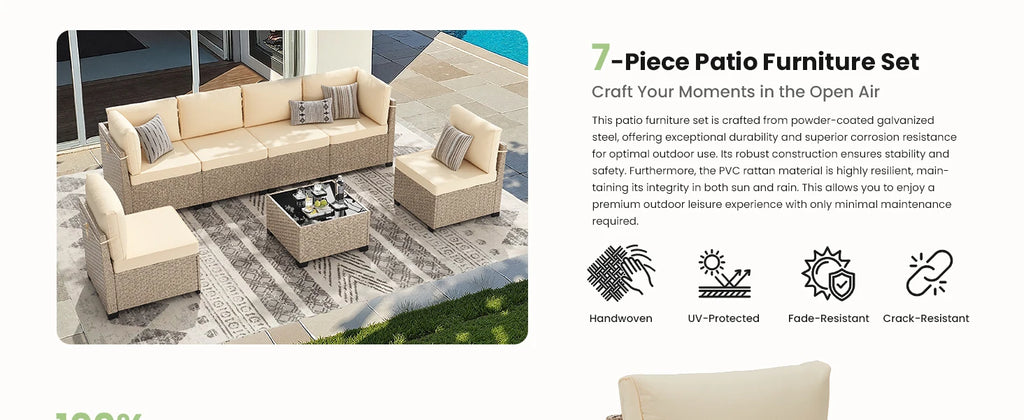 7-Piece Patio Furniture Set, Outdoor Rattan Sectional Sofa with Tempered Glass Table, All-Weather, for Garden, Porch, Backyard by PurelyhomeDeco