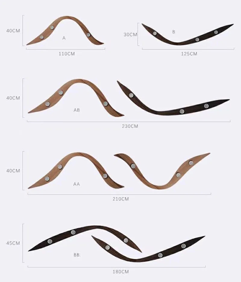 Measurement chart of various curved metal brackets with labeled dimensions.