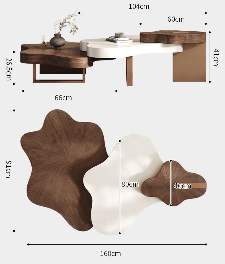 Measurement chart of a retro-style coffee table and stools with dimensions labeled.