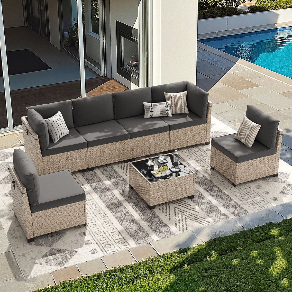 7-Piece Patio Furniture Set, Outdoor Rattan Sectional Sofa with Tempered Glass Table, All-Weather, for Garden, Porch, Backyard by PurelyhomeDeco