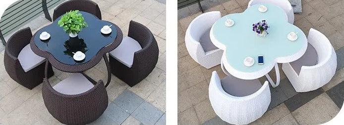 Two outdoor furniture sets in coffee and white colors on a tiled floor.