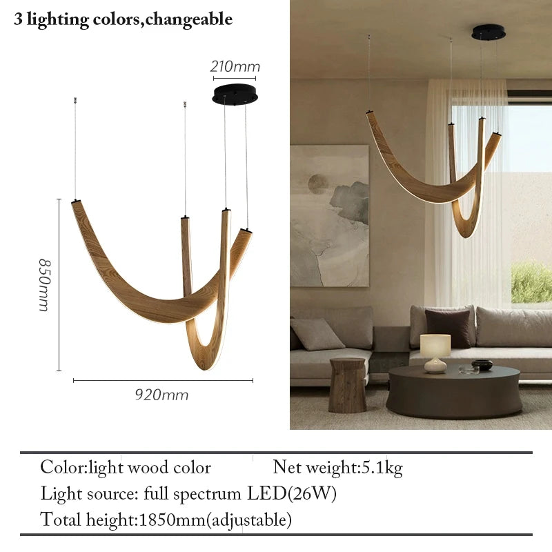 Chandelier with dimensions and specifications displayed, set against a living room background.