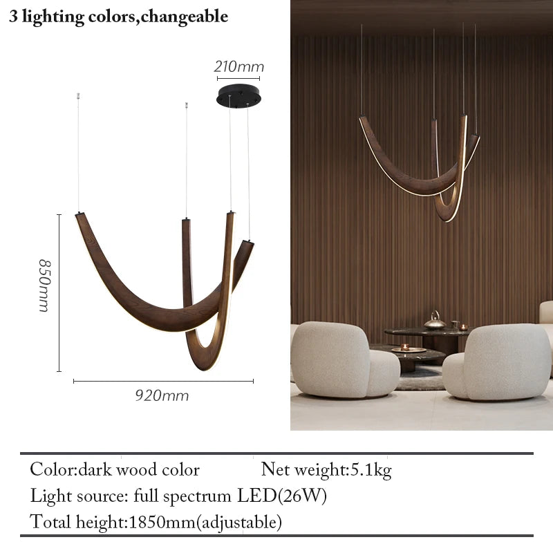 Modern chandelier with dimensions and specifications displayed on a white background