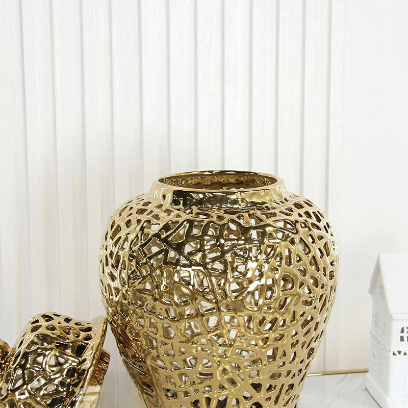 Échelon Gold – Ceramic Hollow Ginger Jar | Luxury Porcelain Home Decoration by PurelyhomeDeco