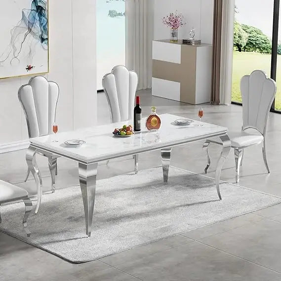 SILVÉN™ White Marble Stainless Steel Dining Table by PurelyhomeDeco