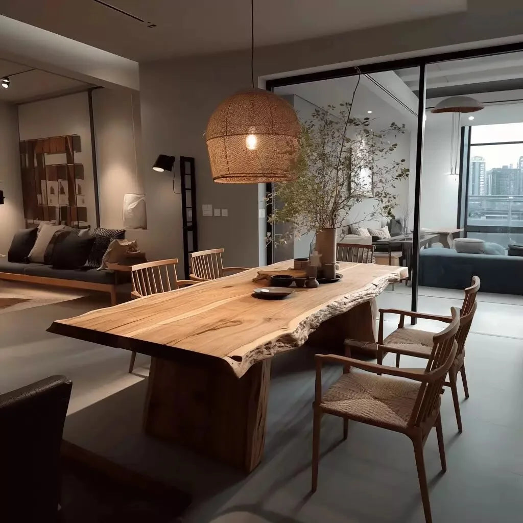Modern dining room with a wooden table and chairs in a stylish interior setting.