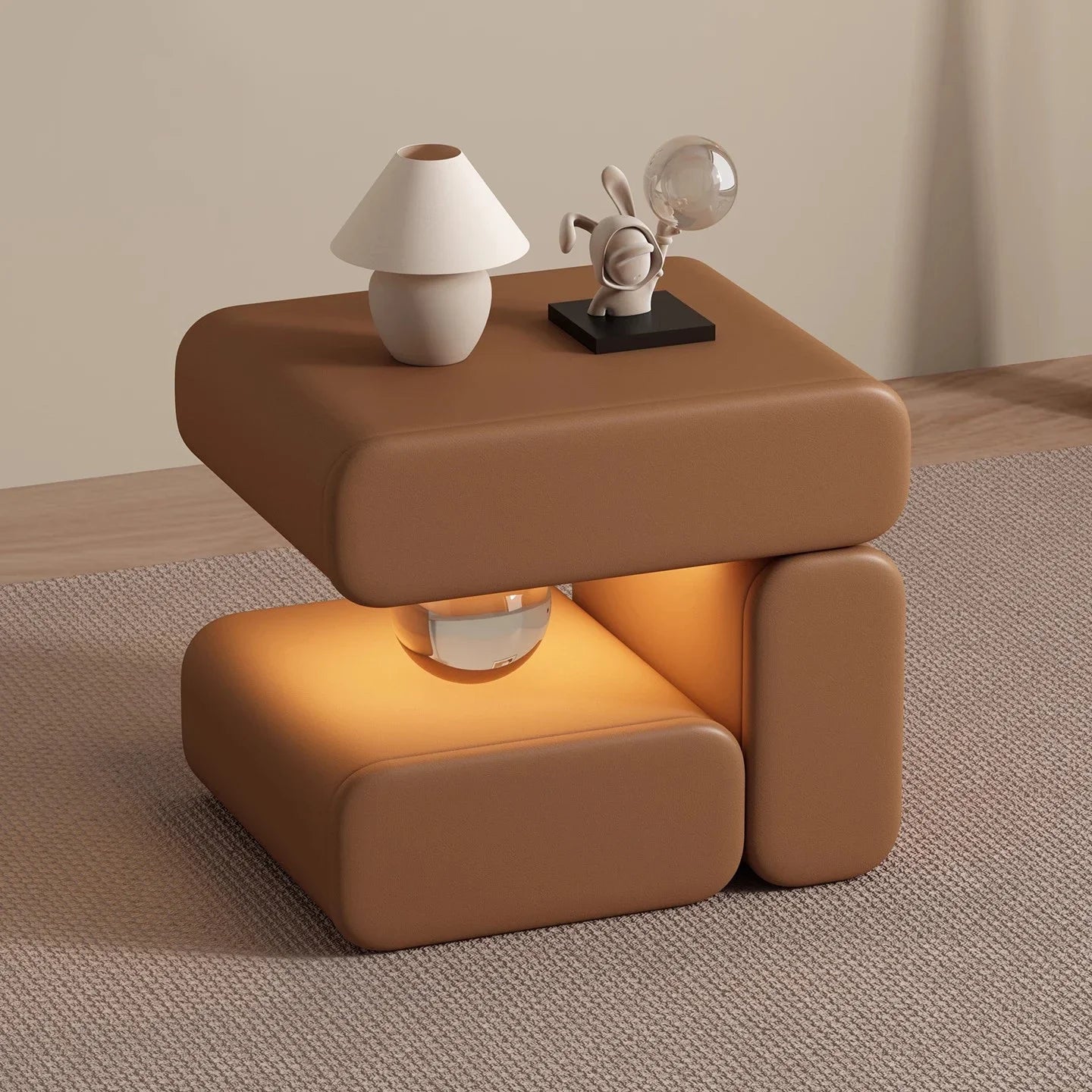 Modern brown side table with a lamp and decorative items on a neutral background