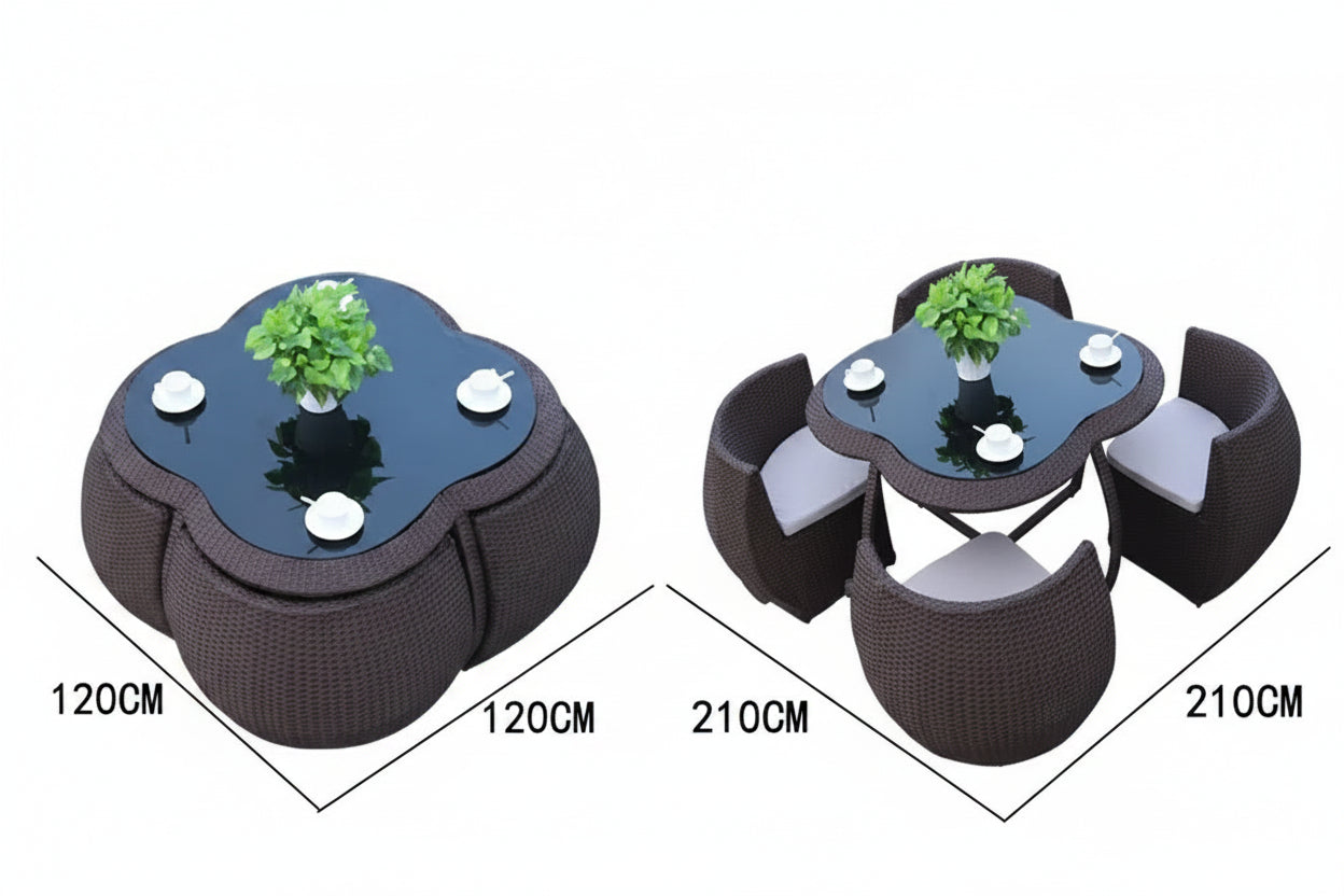 Outdoor furniture set with table and chairs, including dimensions.