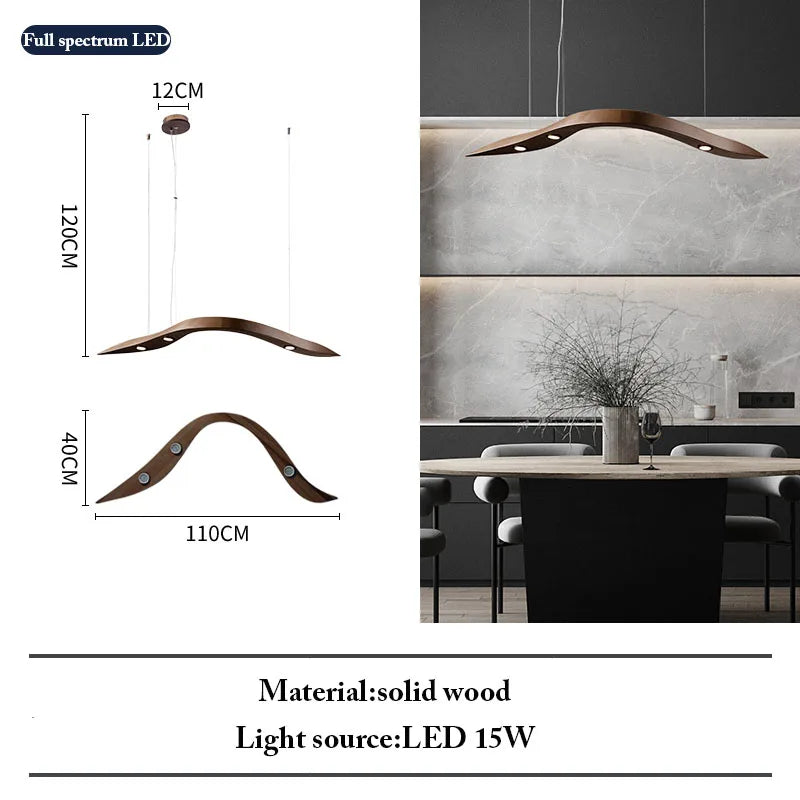 Modern pendant light with dimensions and material details on a white background