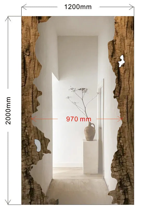 Wooden frame with measurements and a vase inside, set against a white wall.