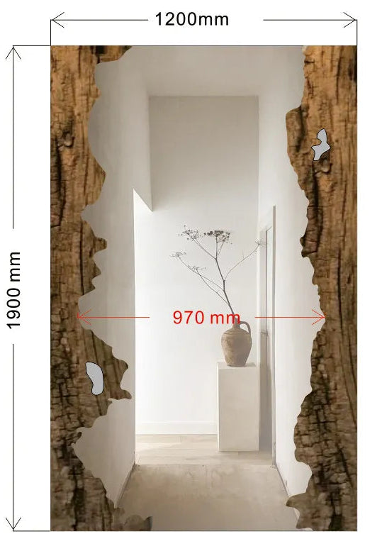 Decorative wall panel with natural wood texture and measurements on a white background