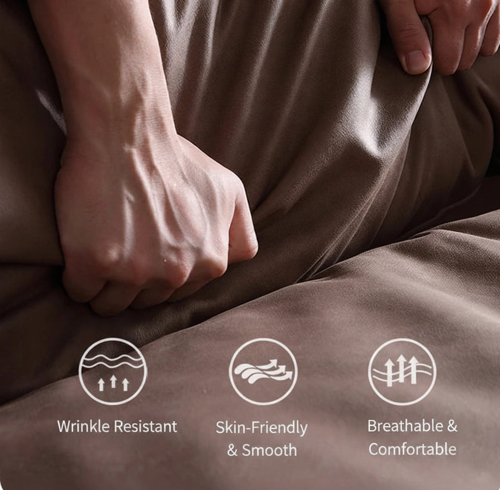 Brown fabric with a hand demonstrating texture and comfort, featuring icons .