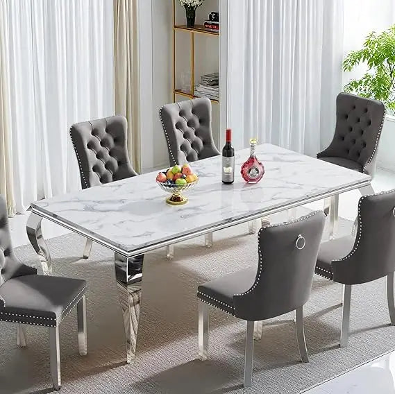MARIXA 70" Faux Marble Dining Table – White & Silver Modern Design by PurelyhomeDeco