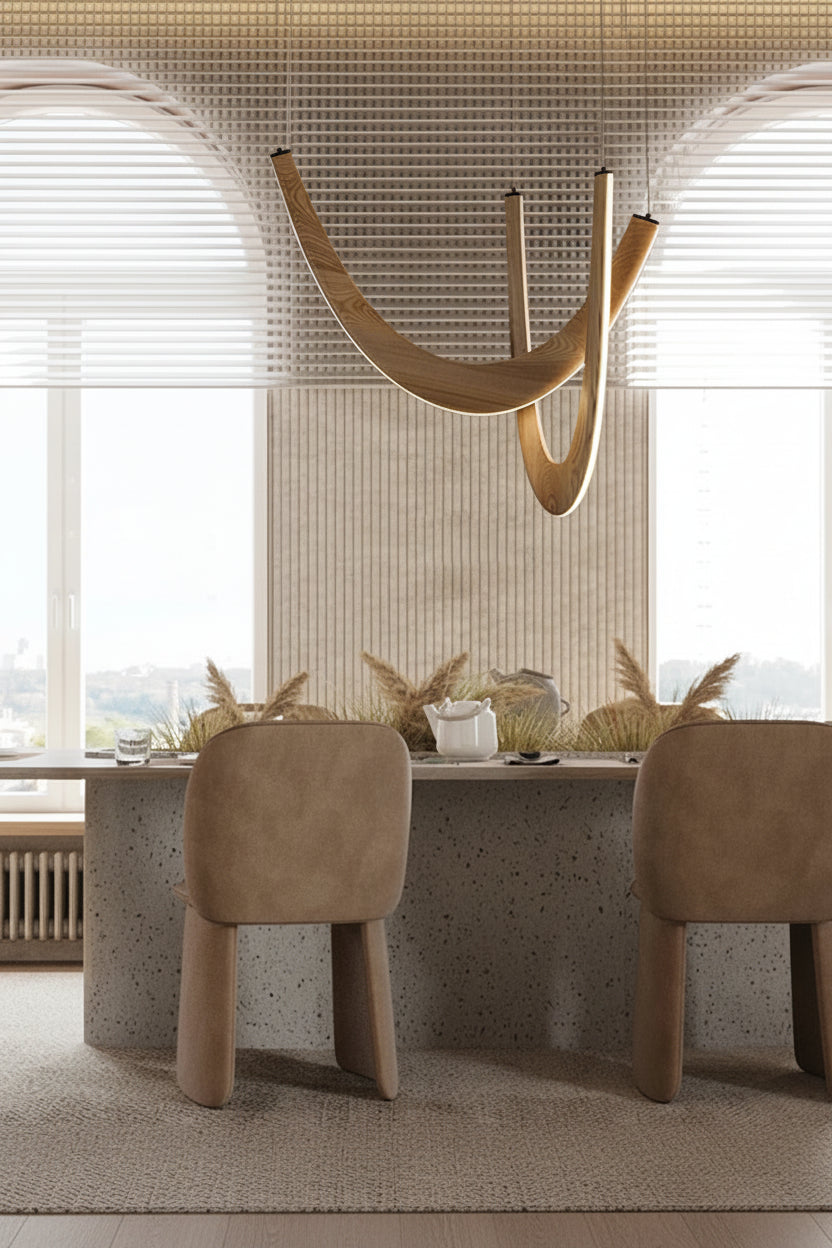Modern dining area with a concrete table, beige chairs, and a decorative chandelier.