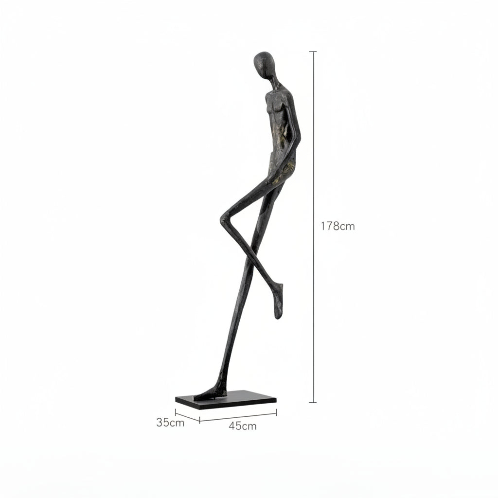 Black abstract sculpture with dimensions on a white background