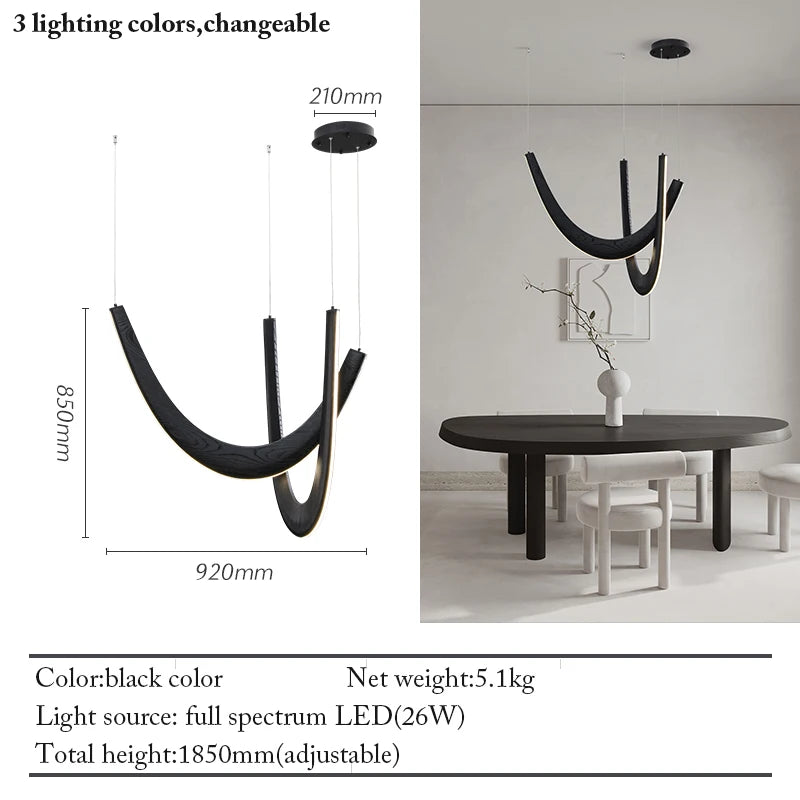 Modern black pendant light with dimensions and specifications on a white background