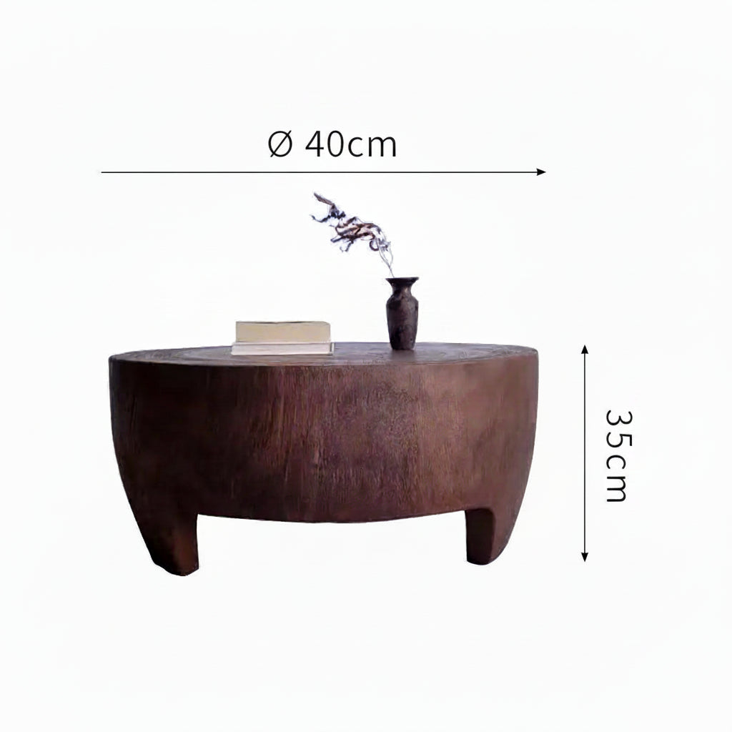 Wooden table with a vase and book on a white background, dimensions indicated.