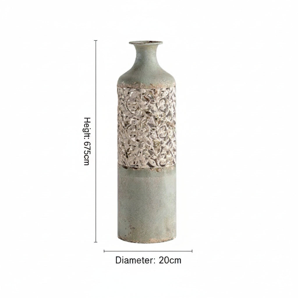 Decorative vase with intricate design, dimensions shown on a white background