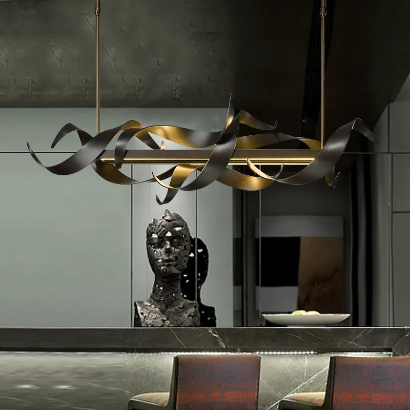 Post-modern luxury LED iron chandelier hanging in a modern restaurant and bar interior with elegant ambient lighting and contemporary home décor aesthetics.