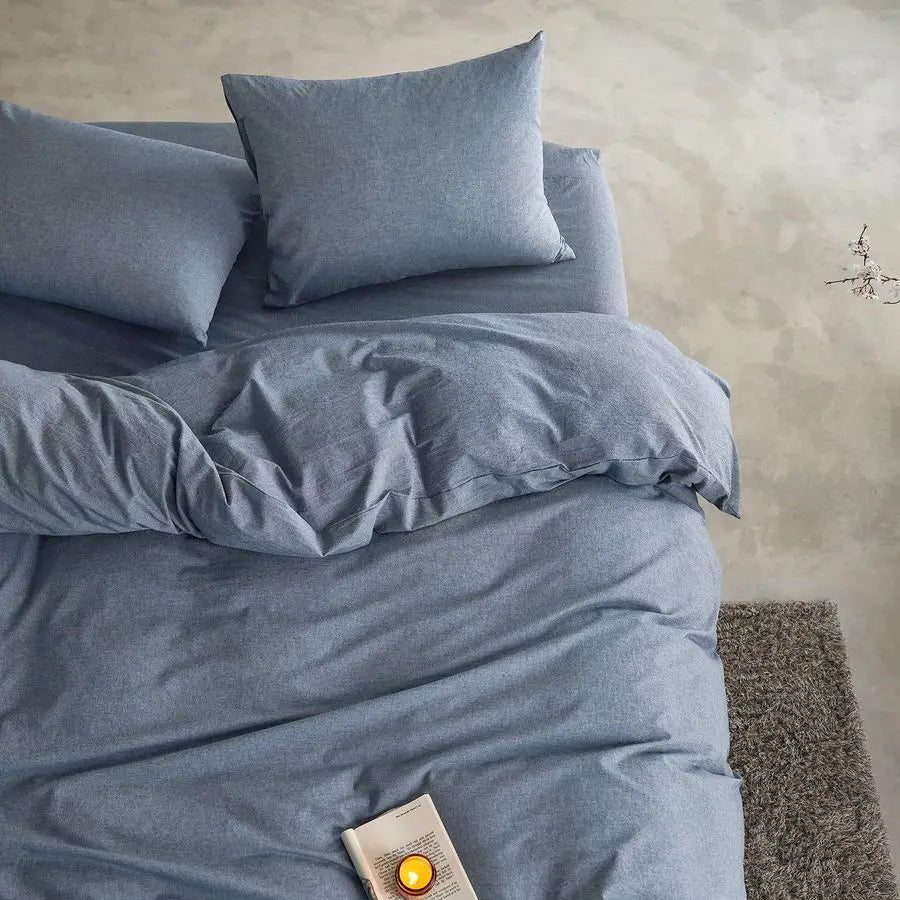 OceanWeave Breathable Percale Cotton Duvet Cover Set – Chambray Denim Blue, Queen Size by PurelyhomeDeco