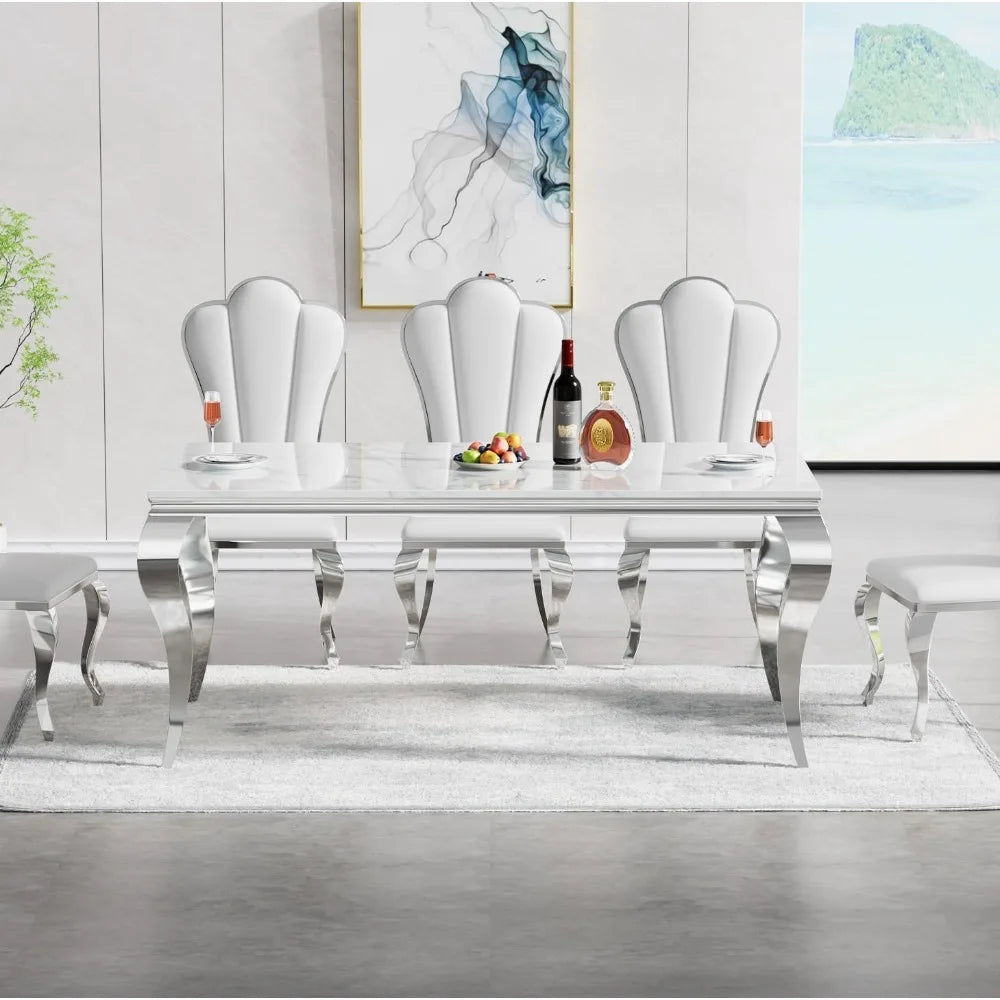 MARIXA 70" Faux Marble Dining Table – White & Silver Modern Design by PurelyhomeDeco