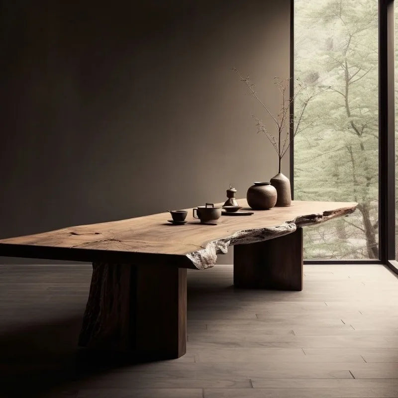Long wooden dining table with ceramic items in a room with large windows showing trees.