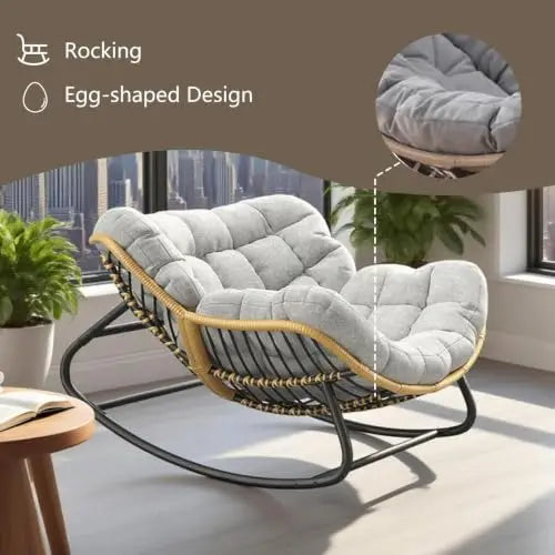 Papasan Rocking Chair with Comfy Thick Cushion, Oversized Outdoor Rocking Chair with Steel Frame, Wicker Rattan Lounge by PurelyhomeDeco