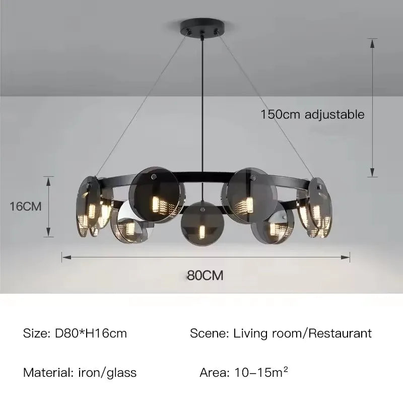 Modern Nordic black glass ring LED chandelier hanging in luxury living room interior with contemporary pendant lighting design