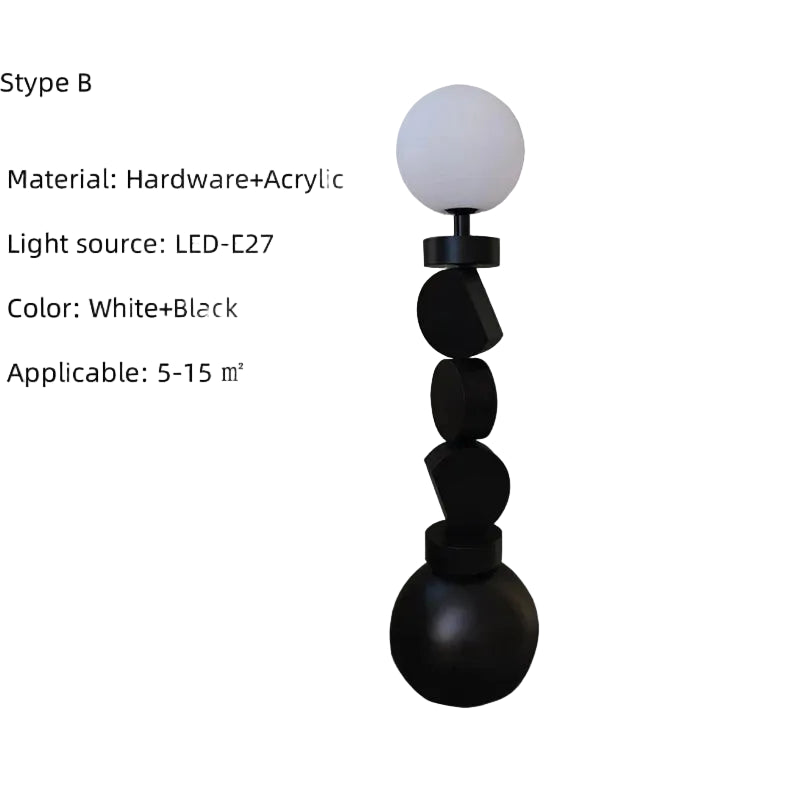 Black and white floor lamp with dimensions and specifications on a white background
