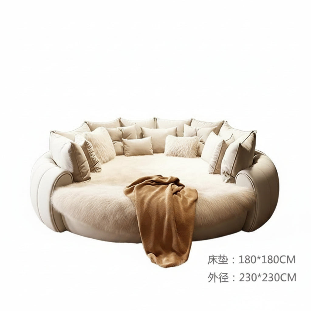 Round beige sofa with a blanket on a white background, featuring product details and brand information.